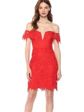 ASTR The Label Daniela OFF THE SHOULDER Red LACE Cocktail MINI DRESS